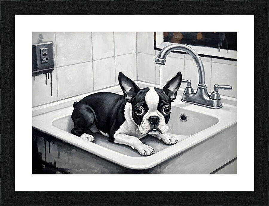Boston Terrier Puppy Waits Nervously In Bathroom Sink Picture Frame print
