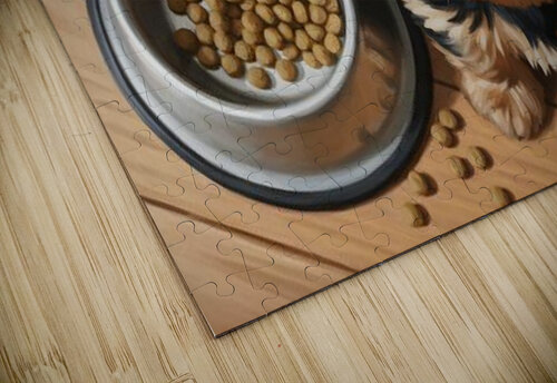 Apologetic Brown Yorkshire Terrier Puppy With Messy Bowl Puppy Prints puzzle