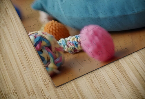 Sleepy Bulldog Puppy Yawns On Blue Cushion Puppy Prints puzzle