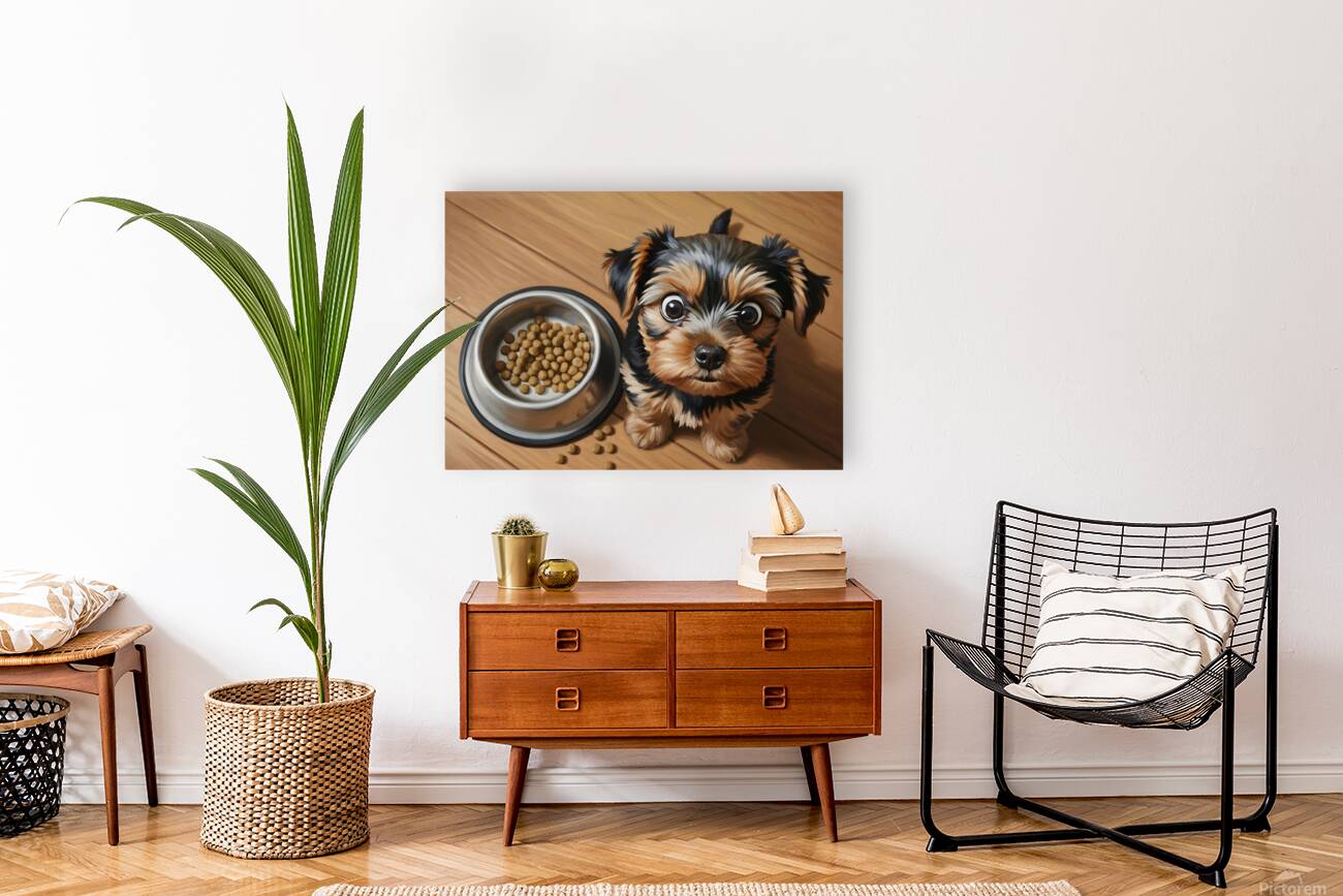 Apologetic Brown Yorkshire Terrier Puppy With Messy Bowl Reproduction