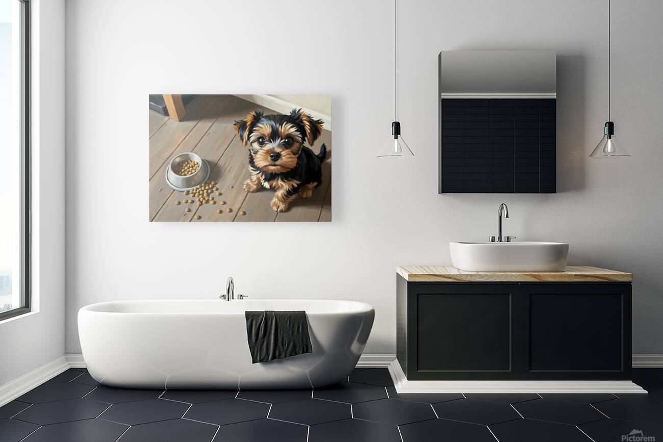 Brown Yorkshire Terrier Puppy With Overturned Food Bowl Reproduction