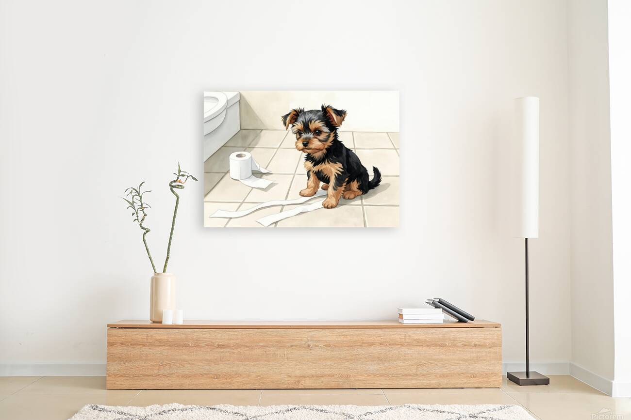 Brown Yorkshire Terrier Puppy With Unrolled Toilet Paper Trail Reproduction