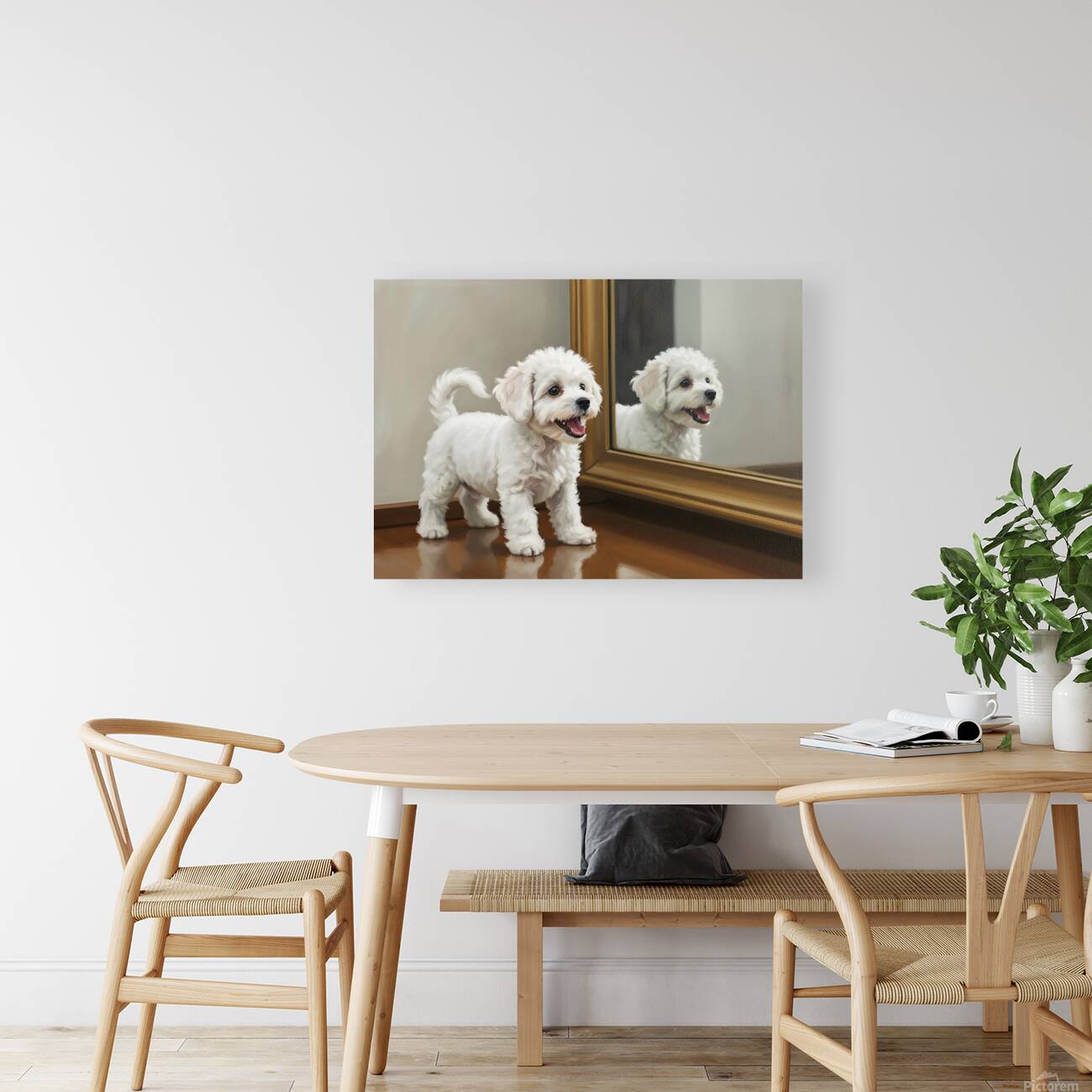 Playful White Bichon Frise Puppy Invites Mirror Reflection To Play Reproduction