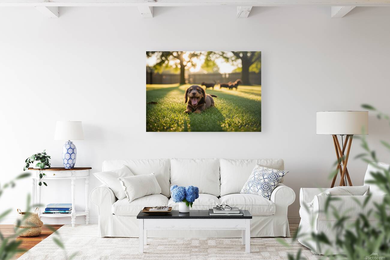 Brown Dachshund Puppy Waking Up In Sunny Garden Reproduction
