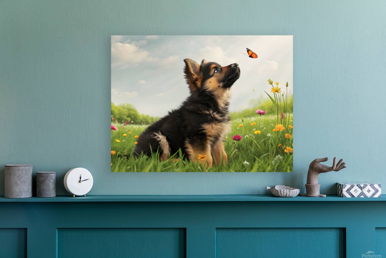 German Shepherd Puppy Discovers Butterfly In Meadow Reproduction