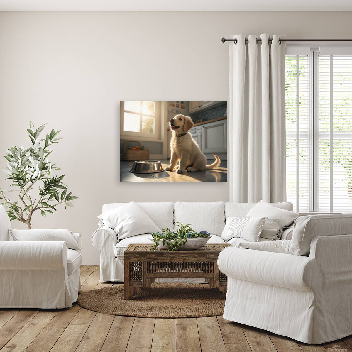 Golden Retriever Puppy Discovers Empty Food Bowl Reproduction