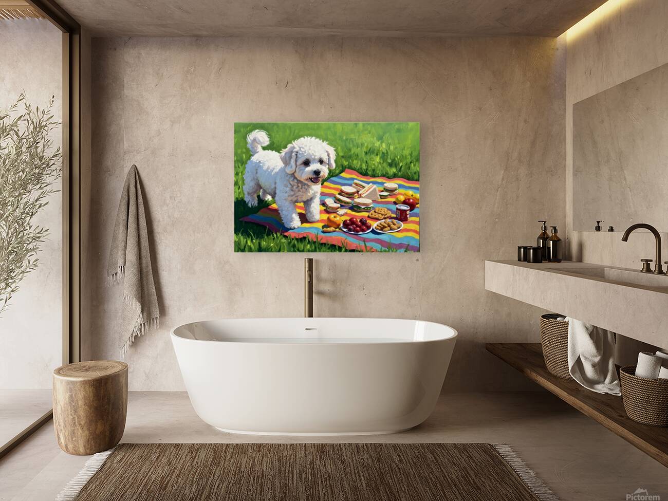 Bichon Frise Puppy Discovers Picnic Spread Reproduction