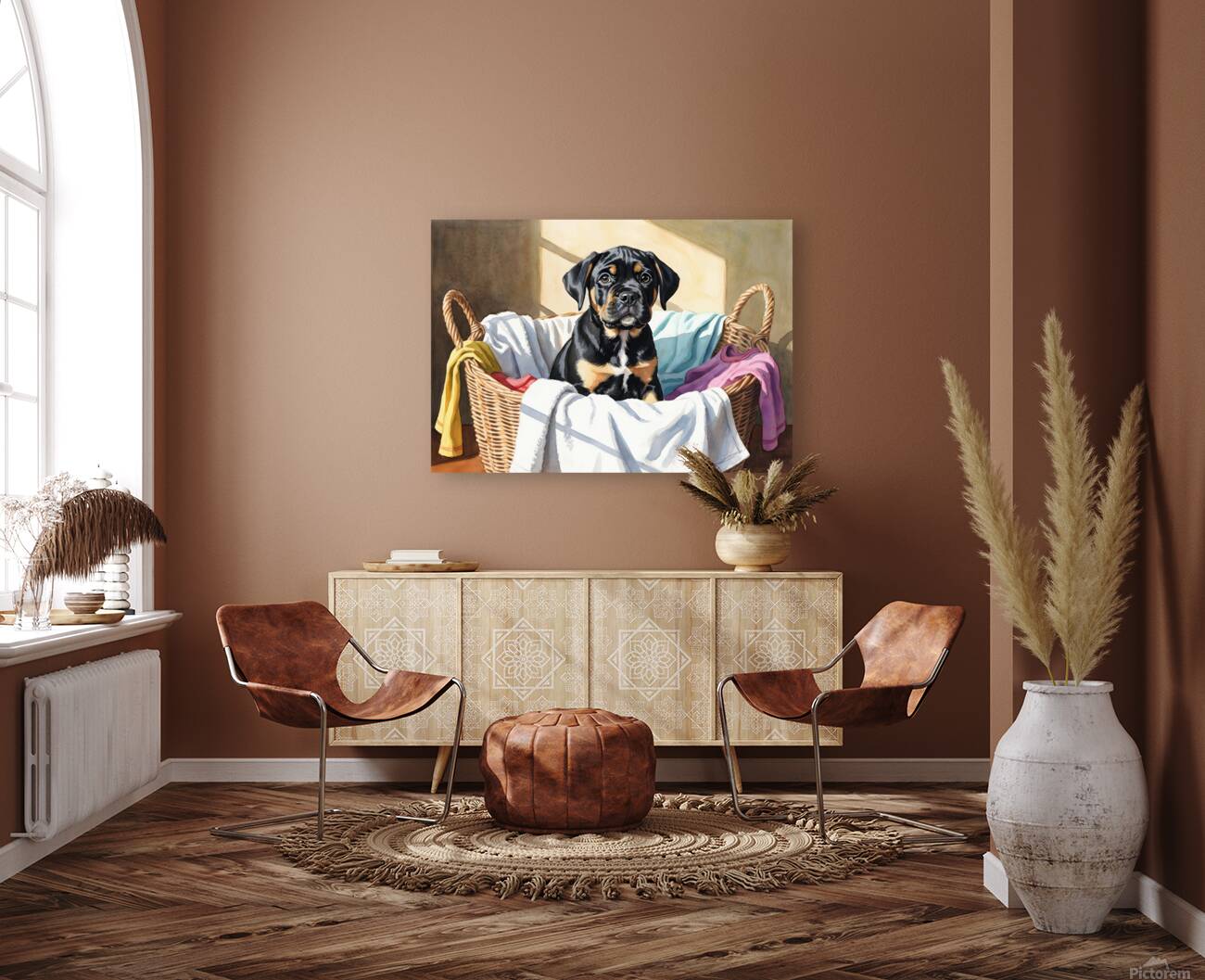 Puppy Cane Corso Discovers Cozy Laundry Basket Reproduction