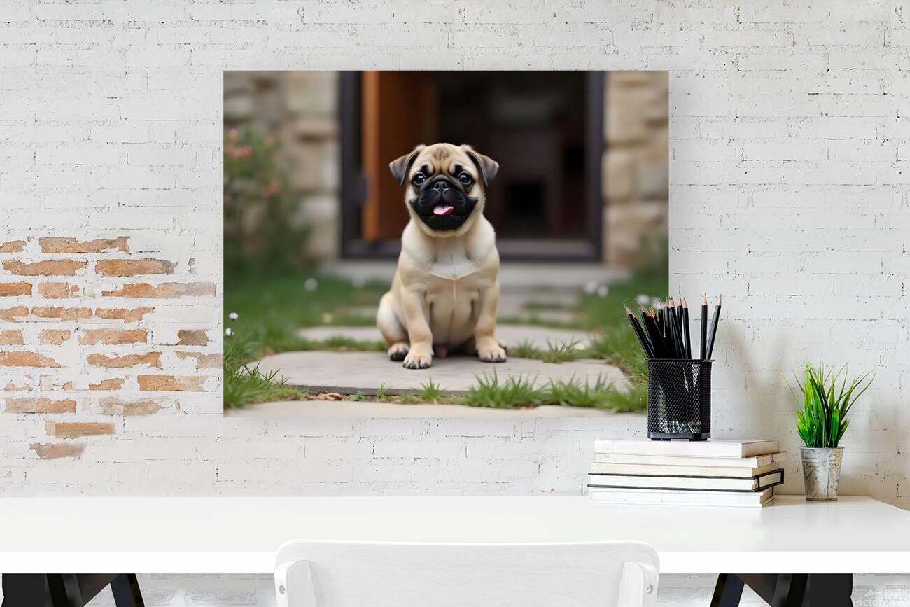 Tan and black Pug puppy with a wrinkled face sits proudly on a stone patio Reproduction