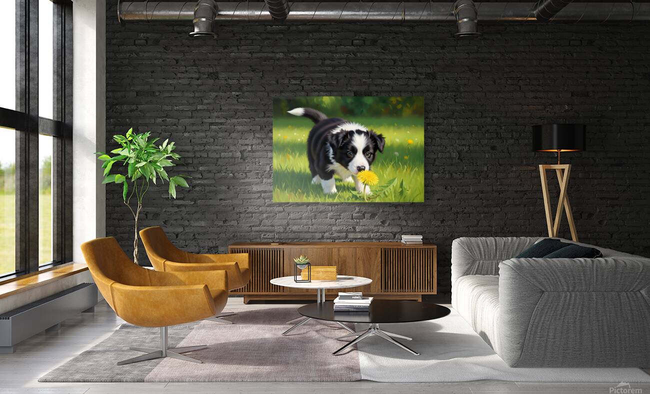 Border Collie Puppy Discovers Yellow Dandelion Reproduction