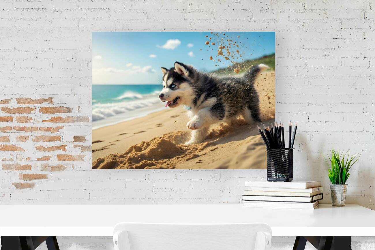 Siberian Husky Puppy Discovers Sandy Beach Fun Reproduction