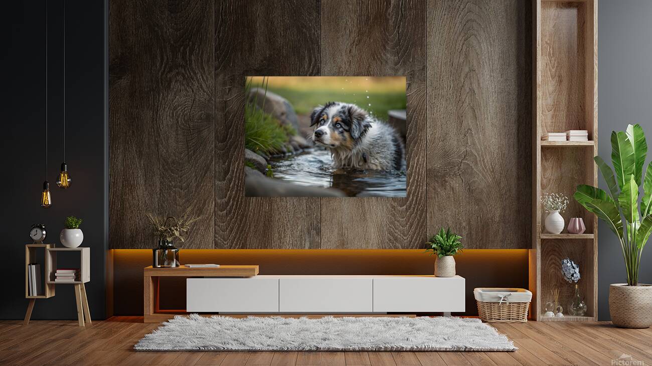 Australian Shepherd Puppy Emerges From Pond Water Reproduction