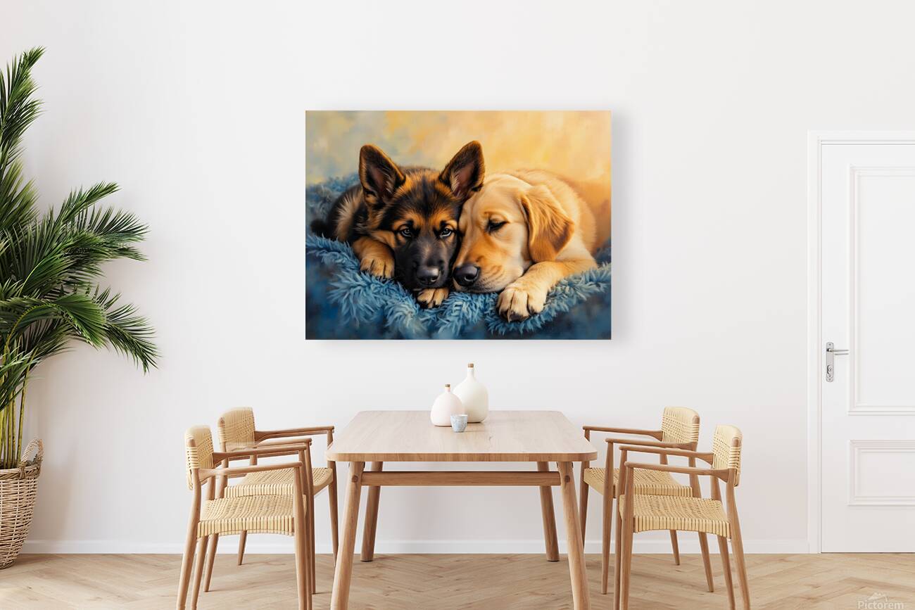 German Shepherd Puppy Snuggles With Golden Friend Reproduction