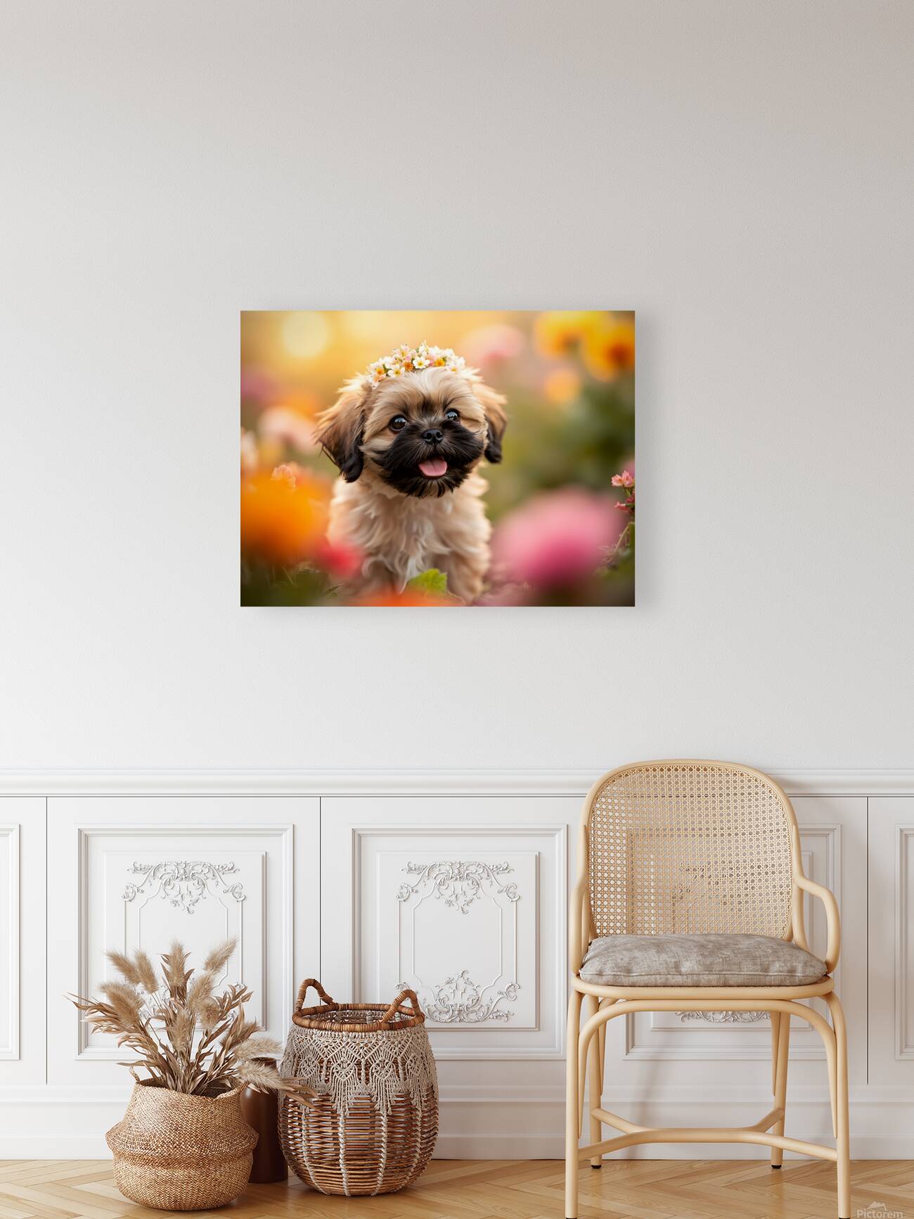 Shih Tzu Puppy Discovers Beautiful Flower Crown Reproduction