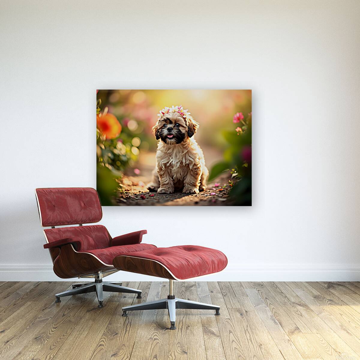 Shih Tzu Puppy Sits Proudly Wearing Flower Crown Reproduction