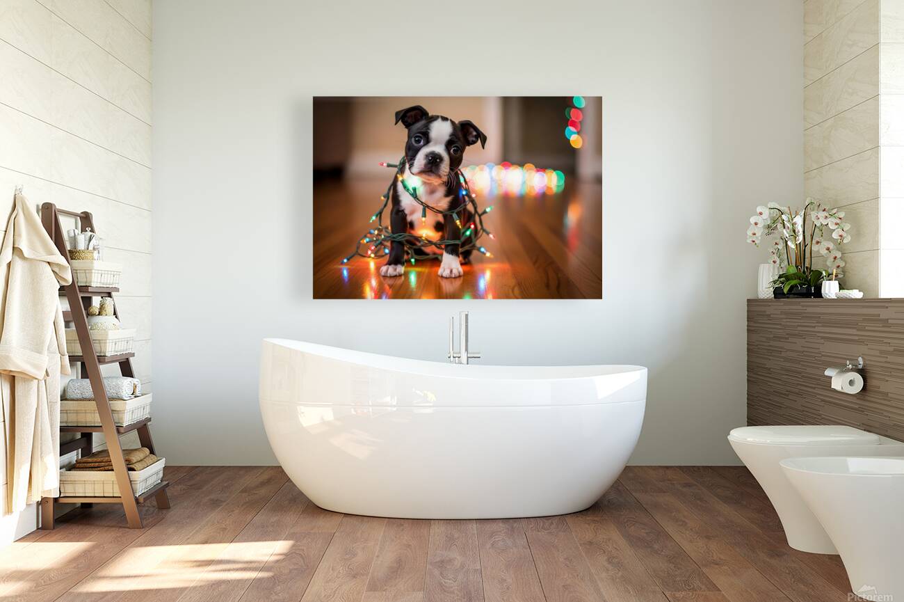 Boston Terrier Puppy Discovers Sparkling Christmas Lights Reproduction