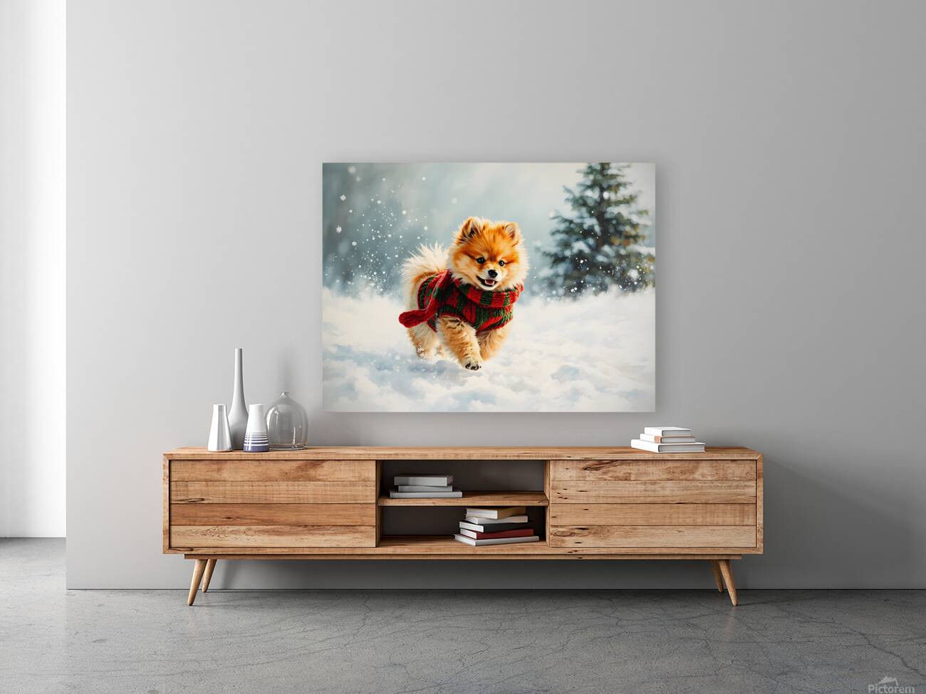 Pomeranian Puppy In Holiday Sweater Playing In Snow Reproduction