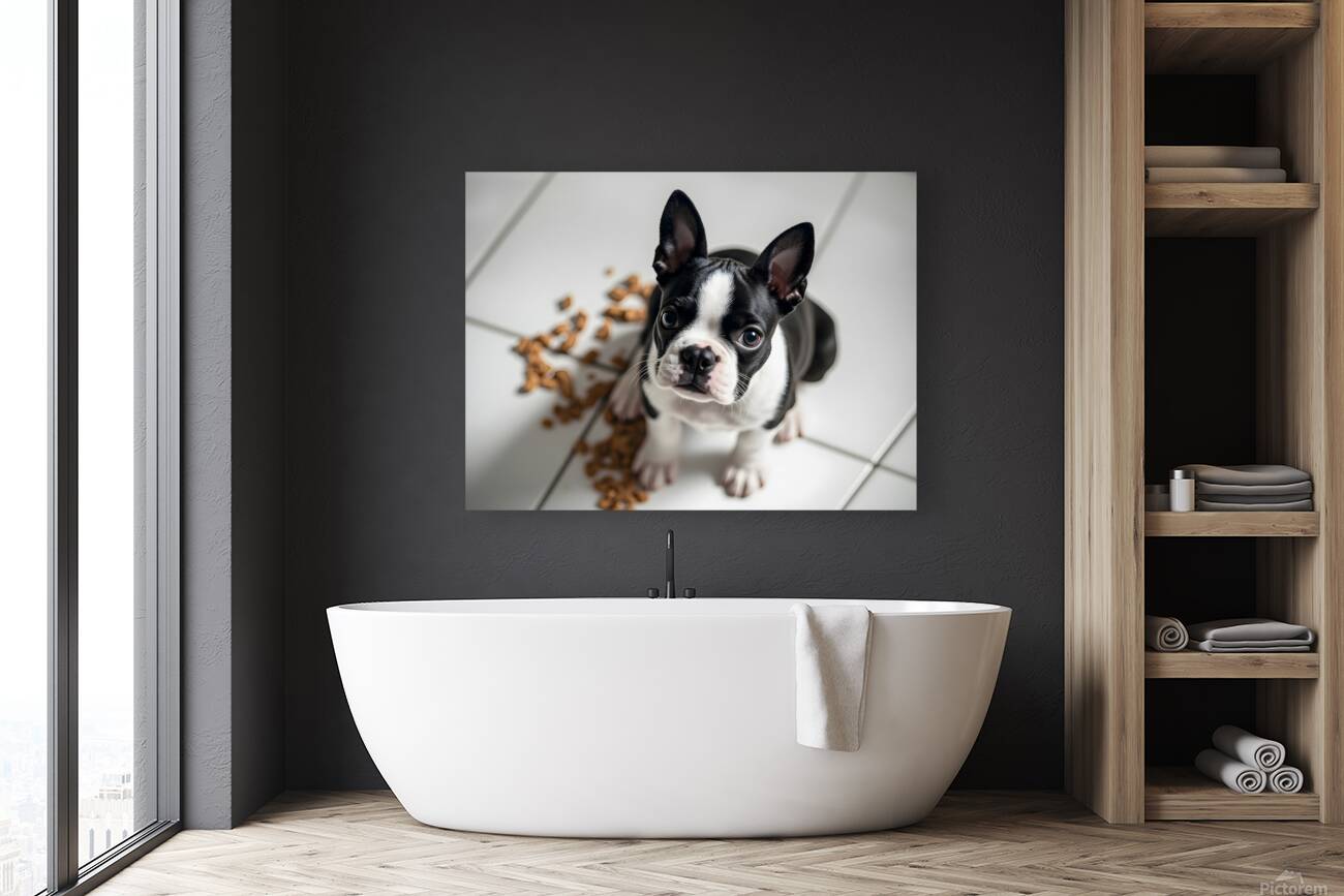 Guilty Boston Terrier Puppy After Making Mess Reproduction