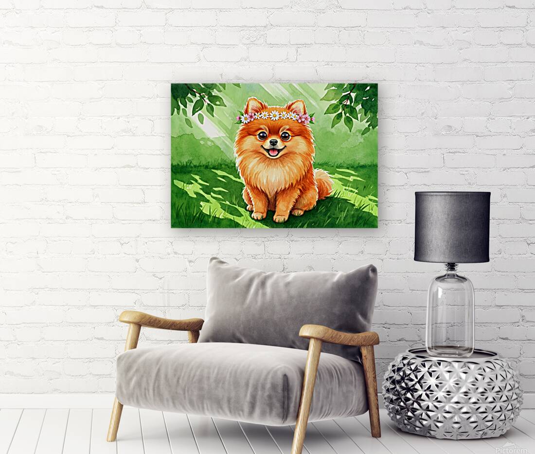 Pomeranian Puppy Discovers A Beautiful Flower Crown Reproduction