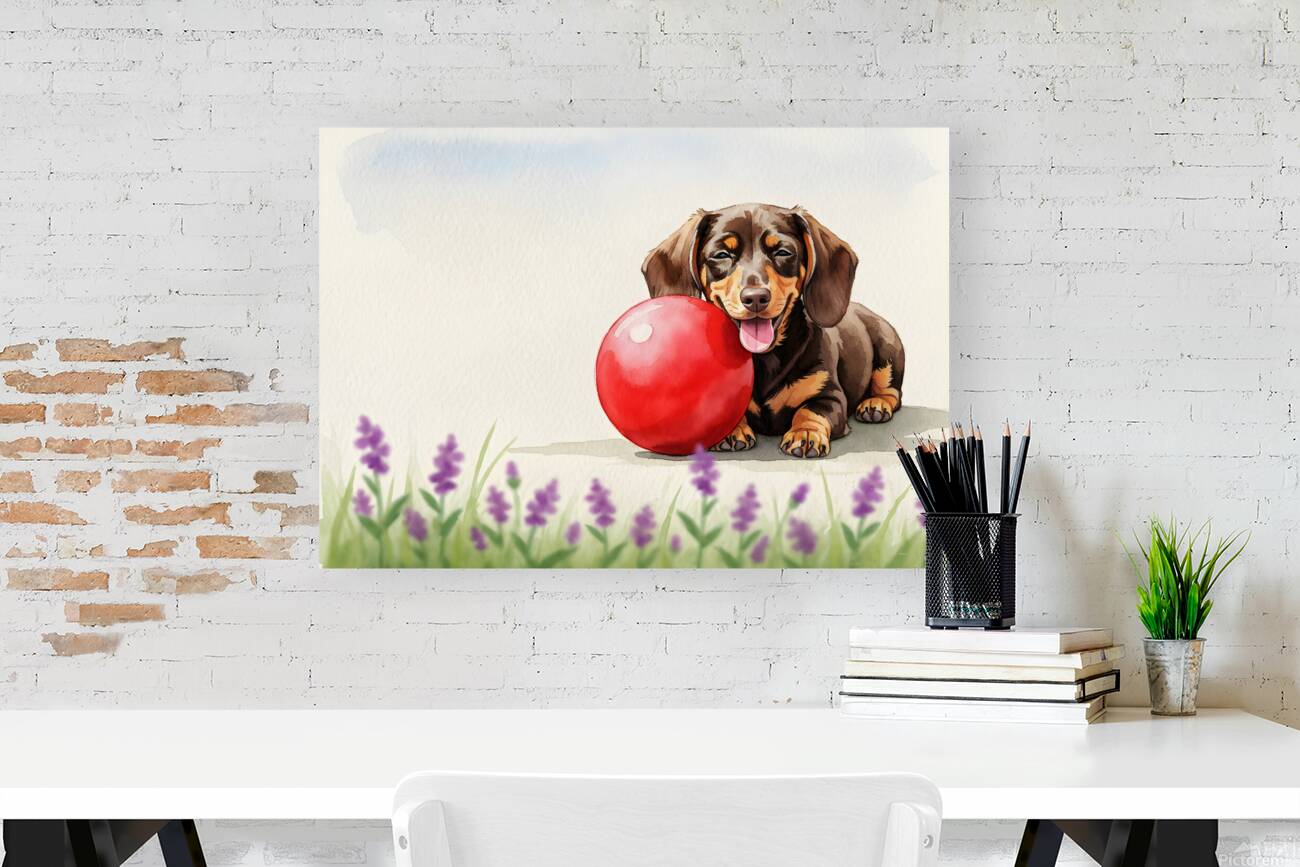 Exhausted Dachshund Puppy Rests Beside The Giant Ball Reproduction