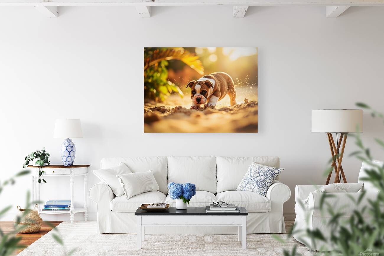 Bulldog Puppy Discovers Sandy Adventure Reproduction