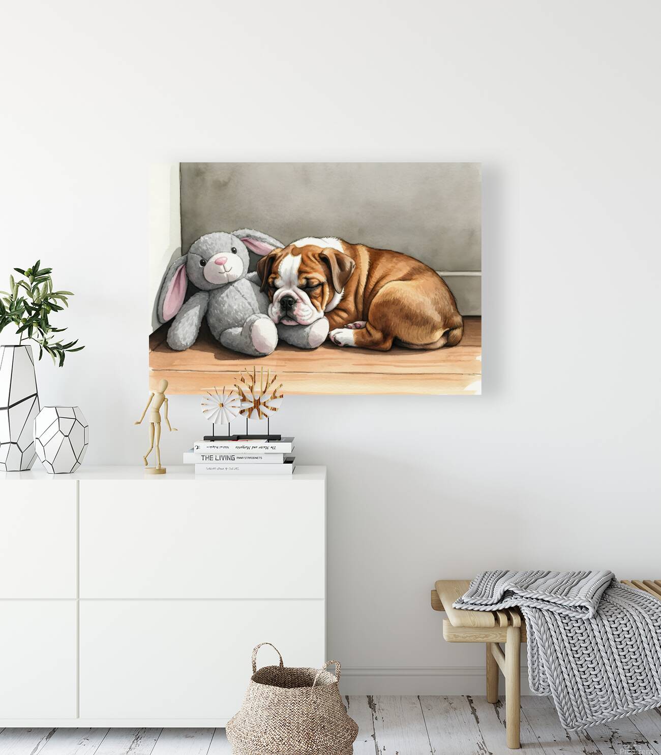 Bulldog Puppy Naps With His Beloved Rabbit Friend Reproduction