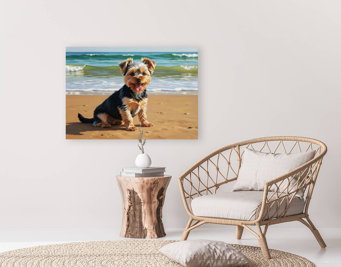 Tired Yorkshire Terrier Puppy Rests On Beach Reproduction