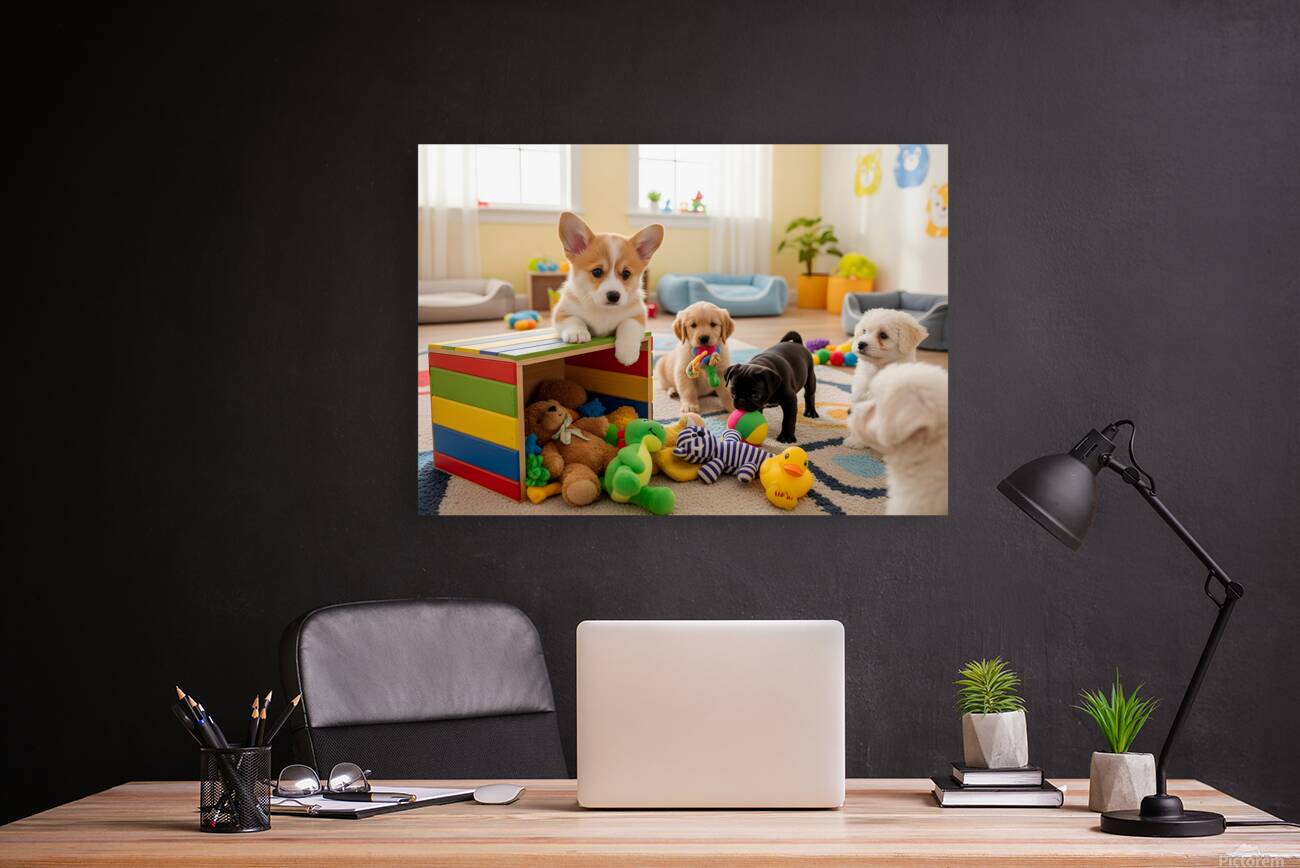 Corgi Puppy Discovers The Special Toy Box Reproduction