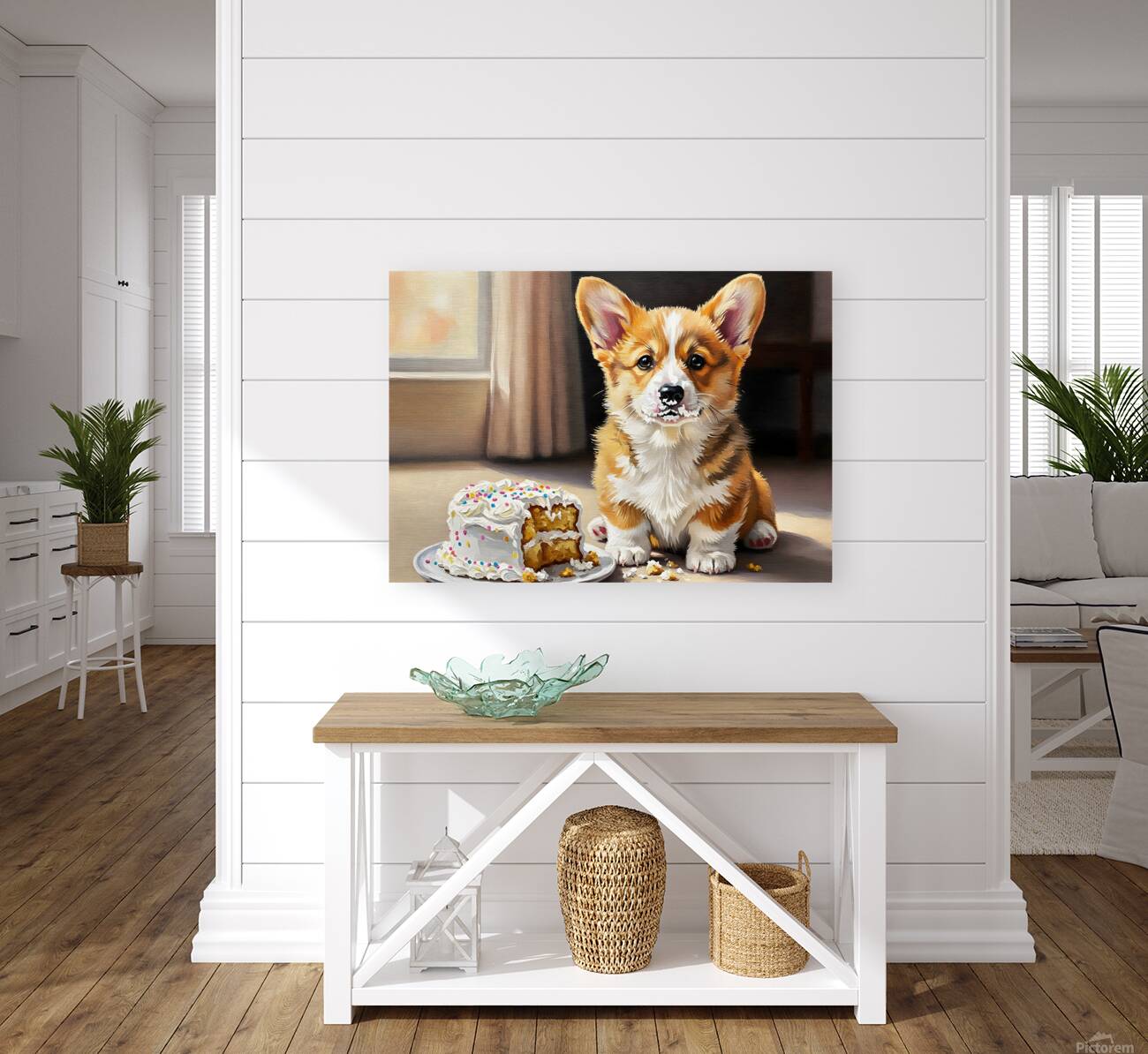 Happy Messy Corgi After Birthday Cake Reproduction