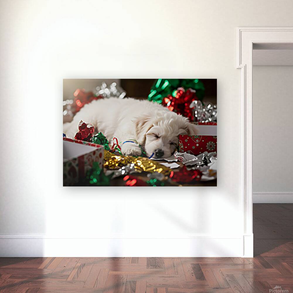 Sleepy Bichon Frise Puppy Naps Among Holiday Wrapping Reproduction