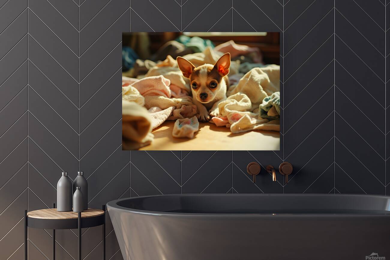 Chihuahua Puppy Discovers Laundry Adventure Reproduction