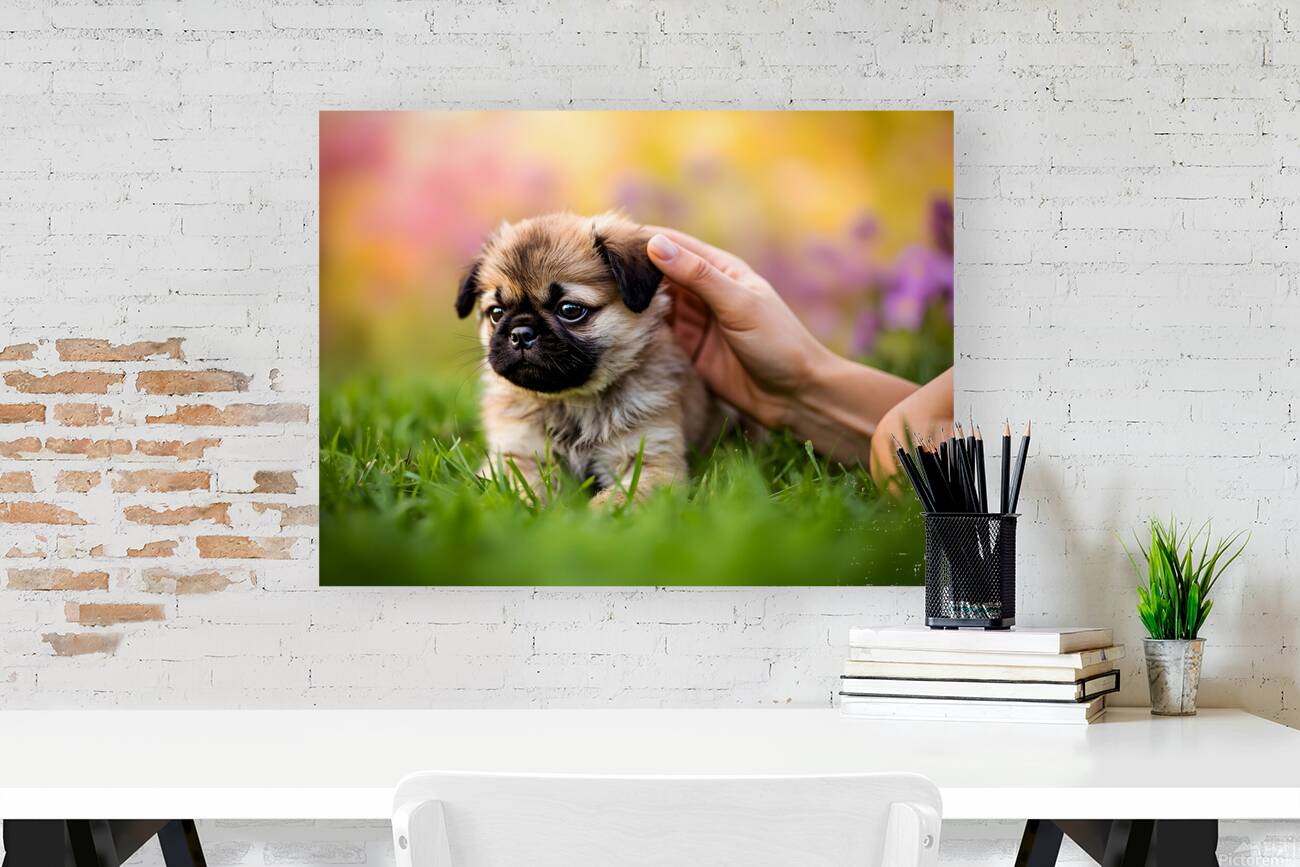 Pug Puppy Gets Gentle Ear Scratches In Garden Reproduction