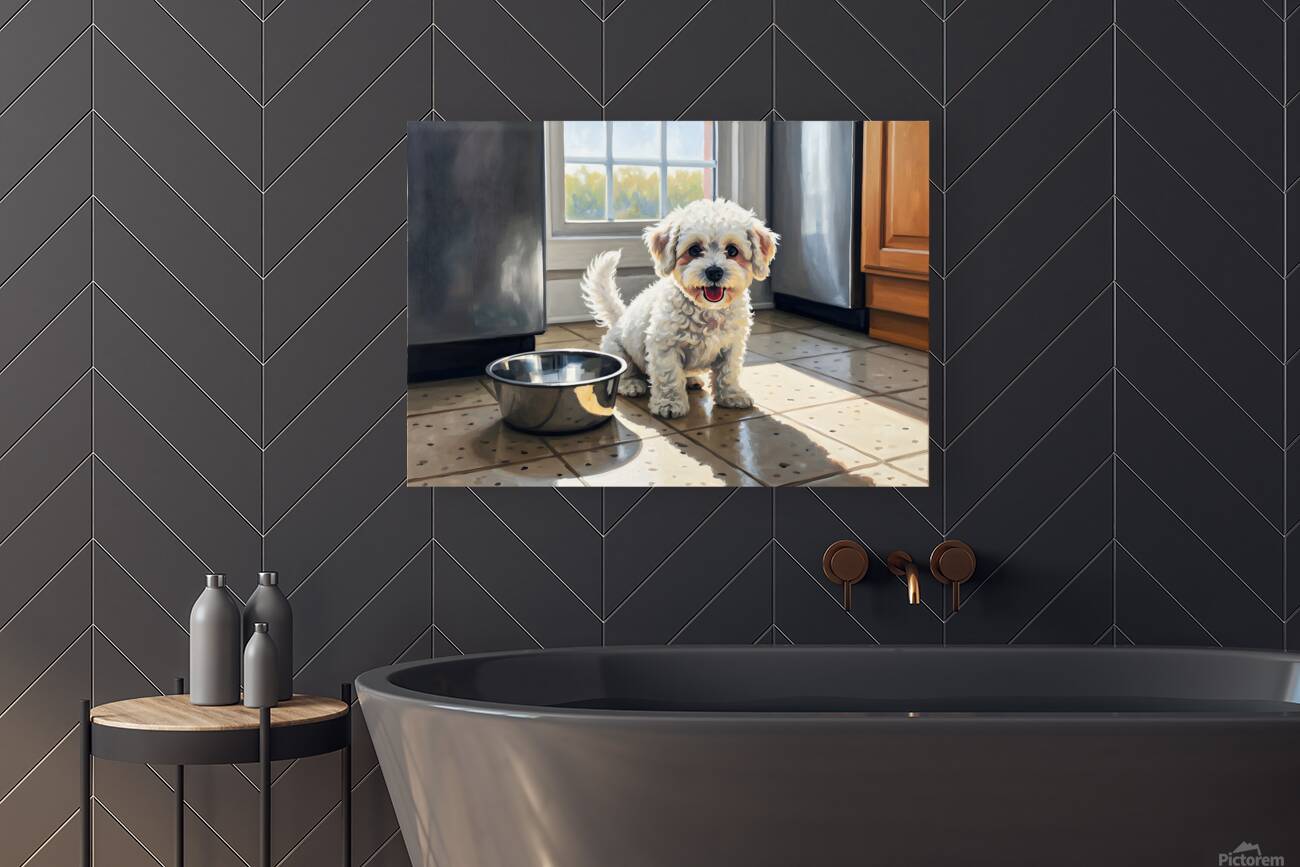 Bichon Frise Puppy Discovers Empty Food Bowl Reproduction