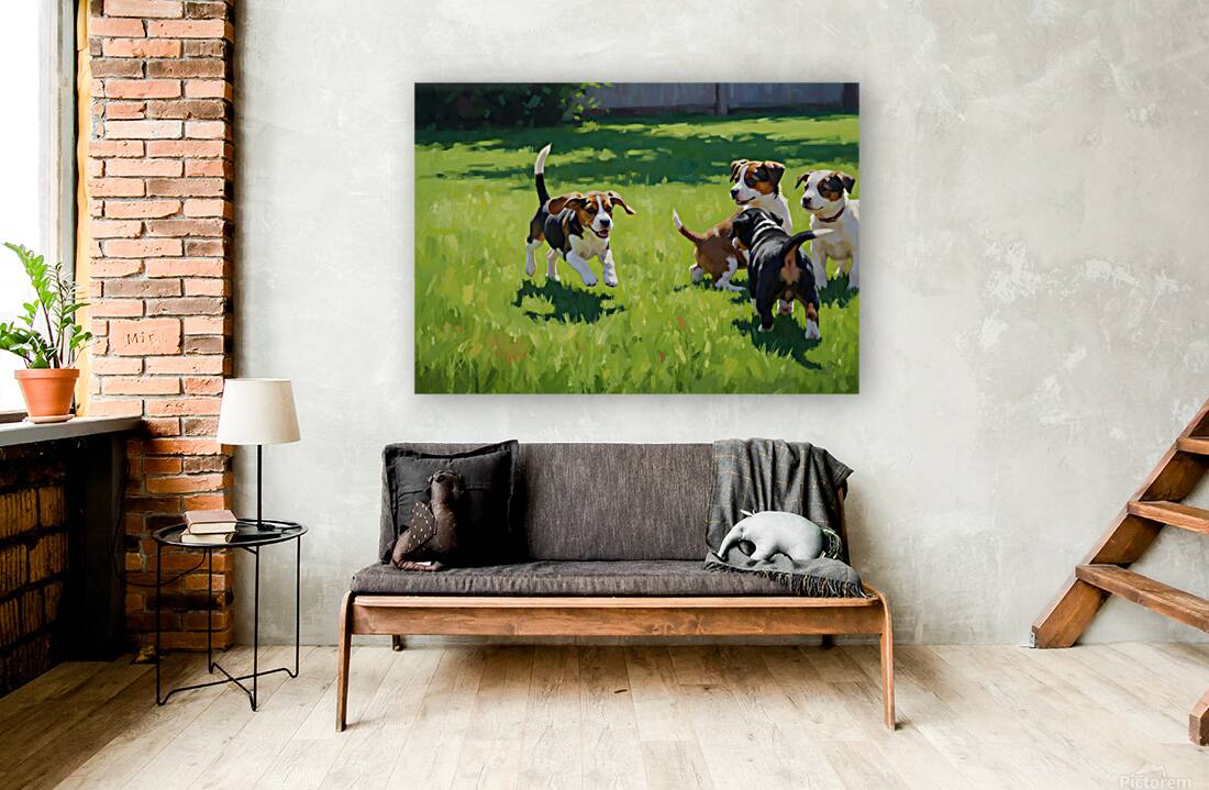 Beagle Puppy Runs To Join Sibling Playtime Fun Reproduction