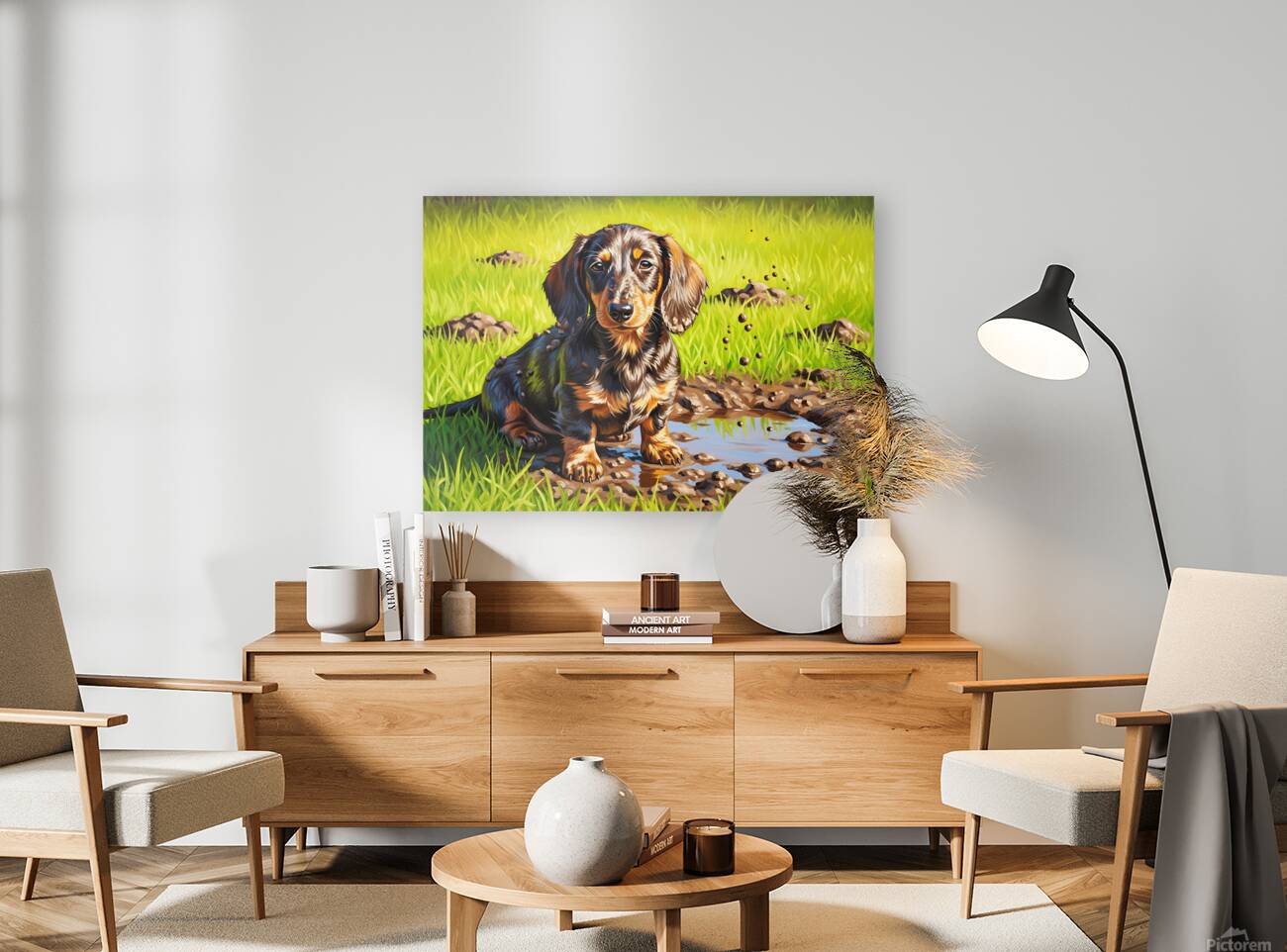 Muddy Dachshund Puppy Sits Contentedly Reproduction