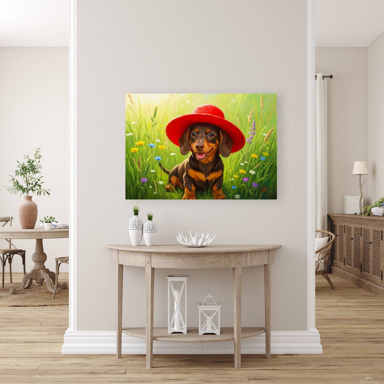 Dachshund Puppy Discovers A Giant Red Hat Reproduction