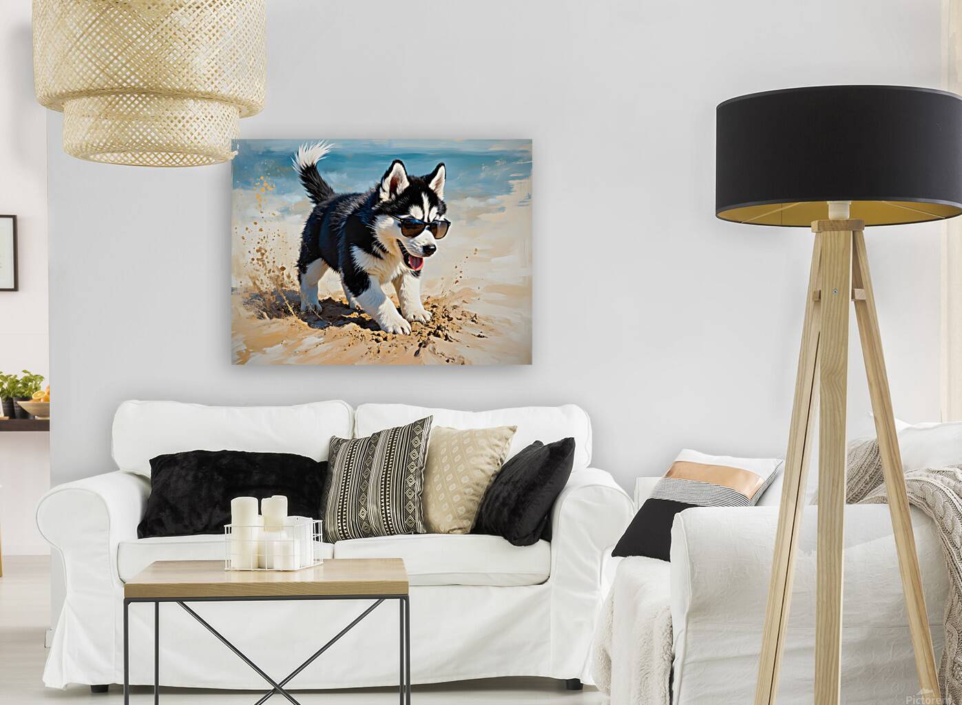 Husky Puppy Digging Excitedly In Beach Sand Reproduction