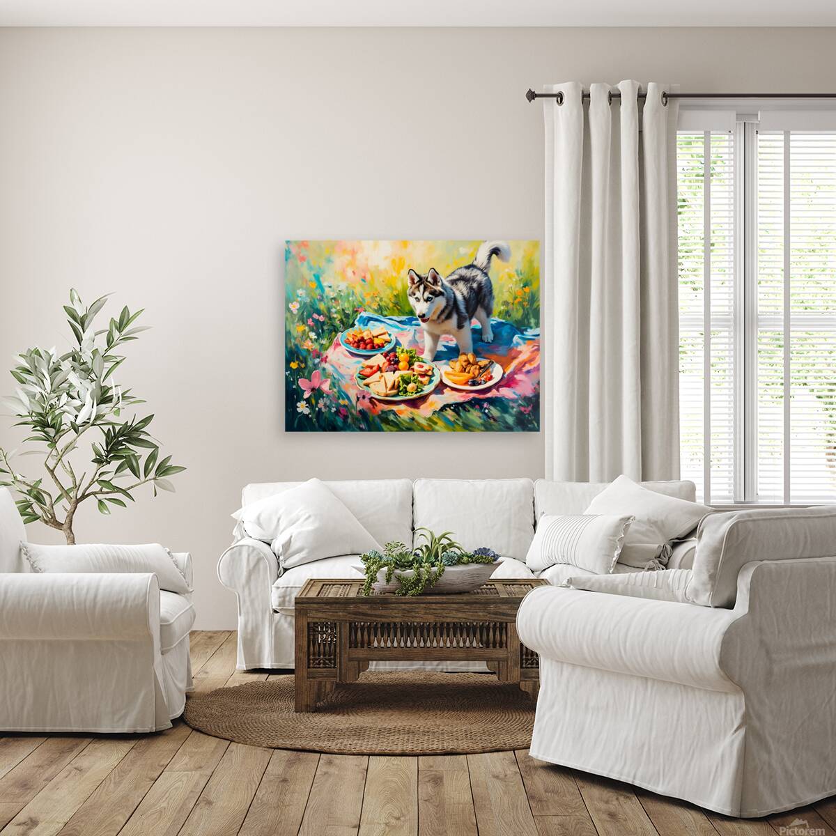 Husky Puppy Discovers Picnic Spread Reproduction