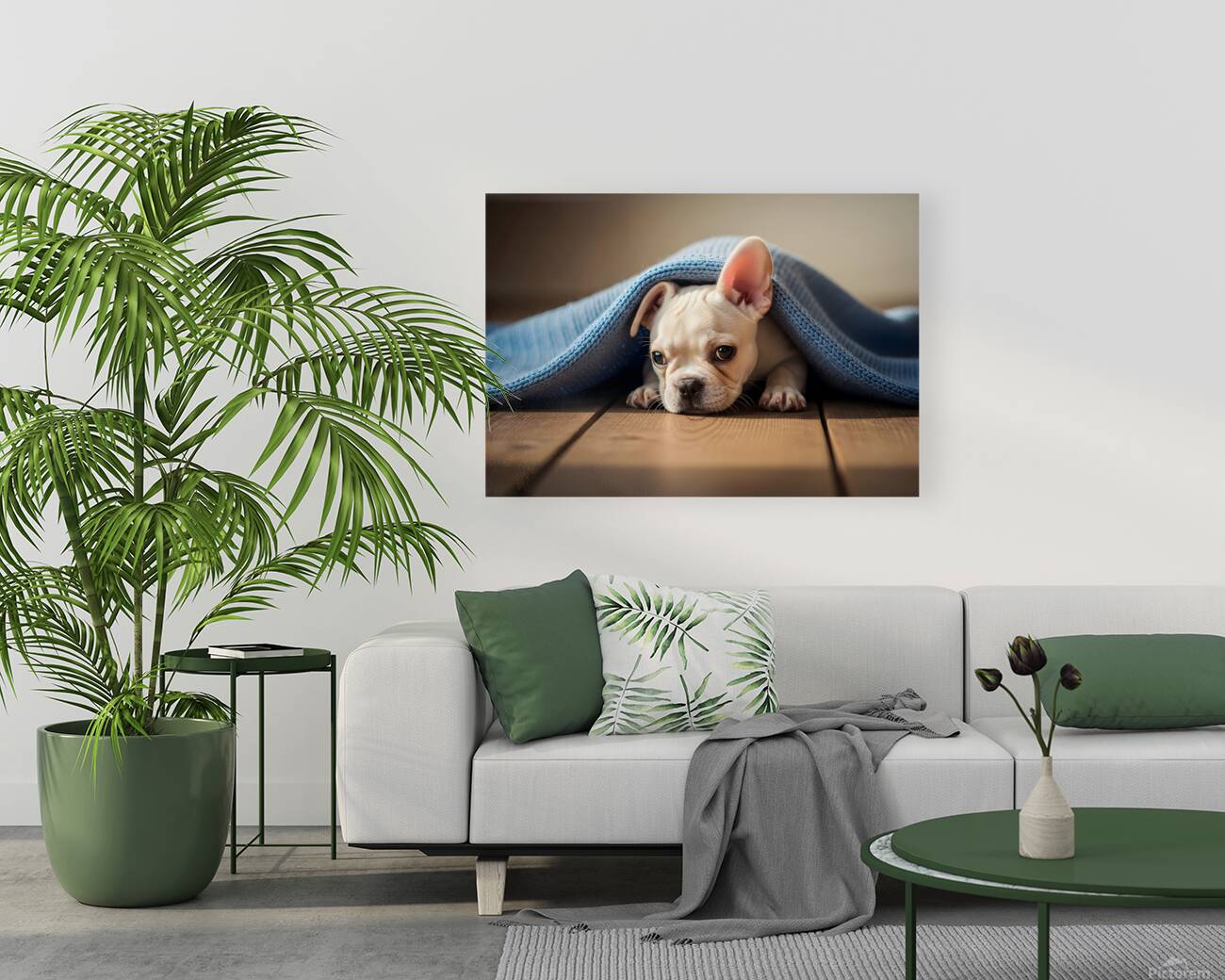 French Bulldog Puppy Discovers Cozy Blanket Adventure Reproduction