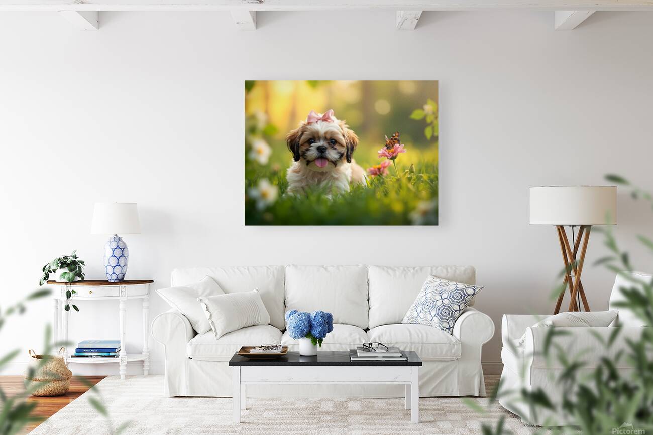 Content Shih Tzu Puppy Watches Butterfly Fly Away Reproduction