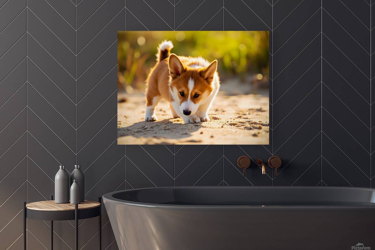 Corgi Puppy Discovers Sandy Shore Reproduction