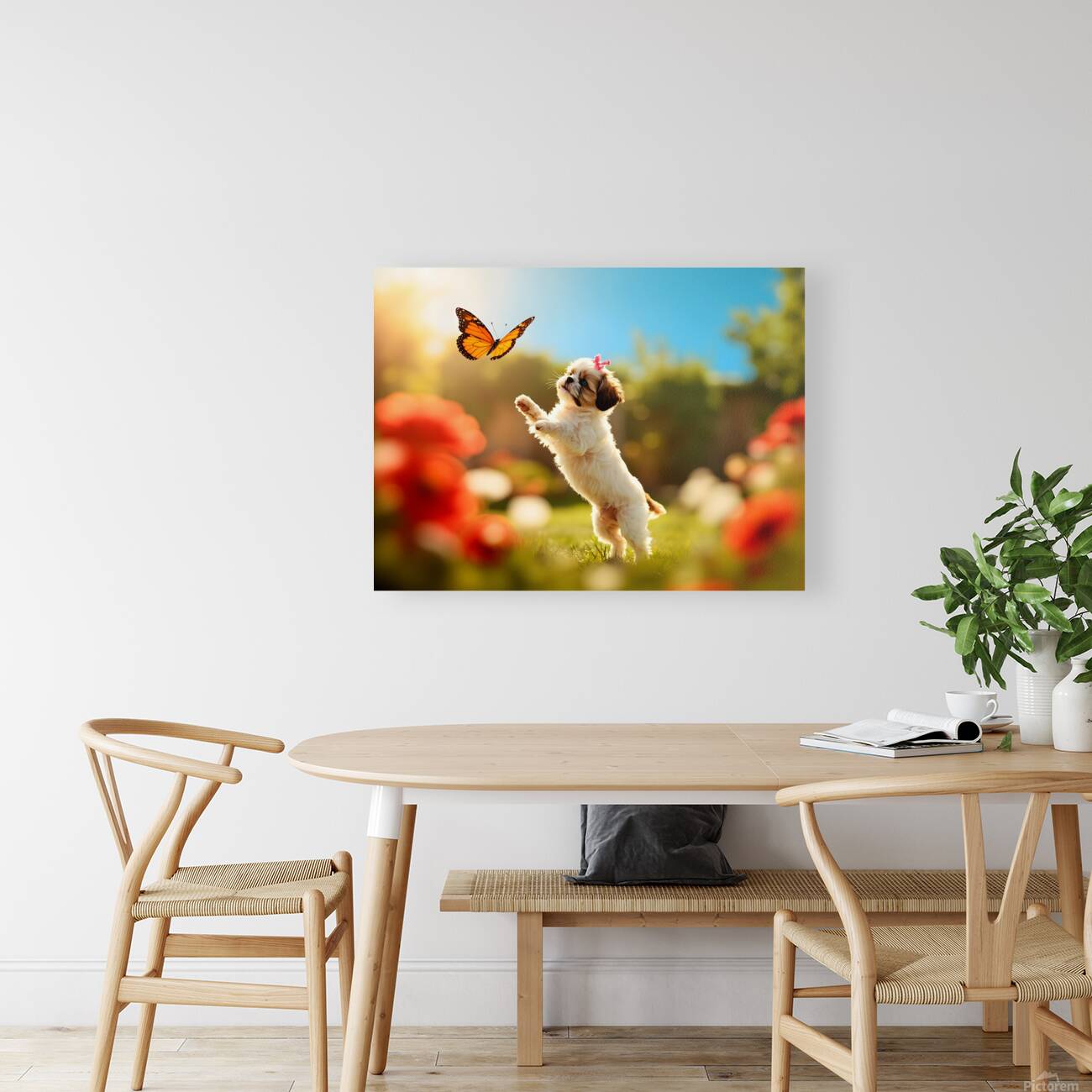 Shih Tzu Puppy Discovers Beautiful Butterfly In Garden Reproduction