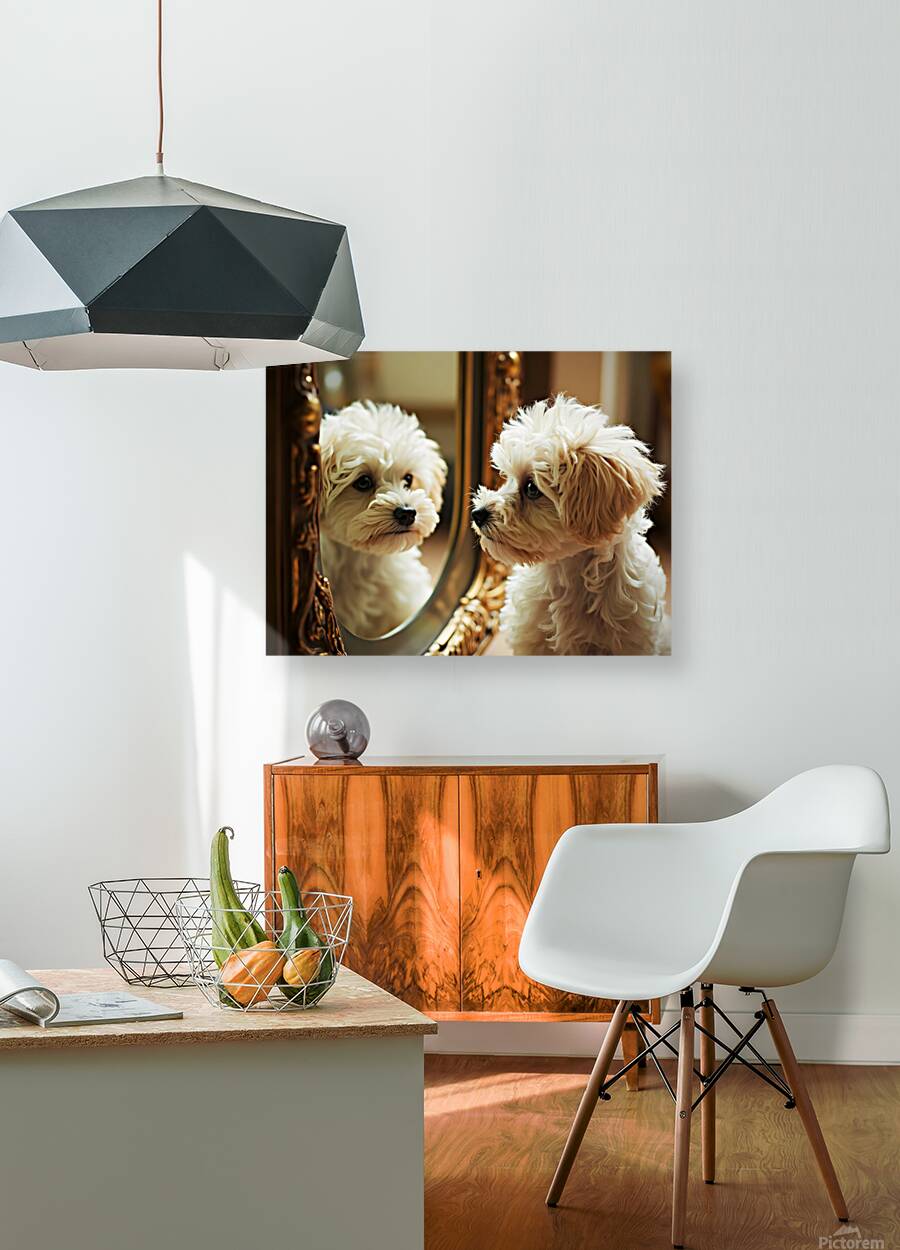 Happy Bichon Frise Puppy Wags At His Reflection Reproduction