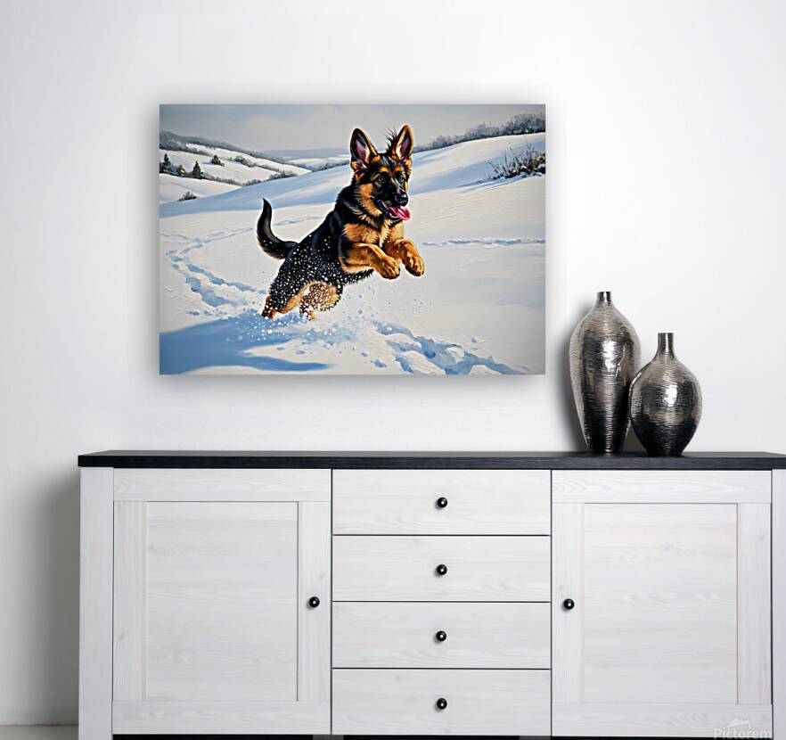 Happy German Shepherd Puppy Rests In Snow Reproduction