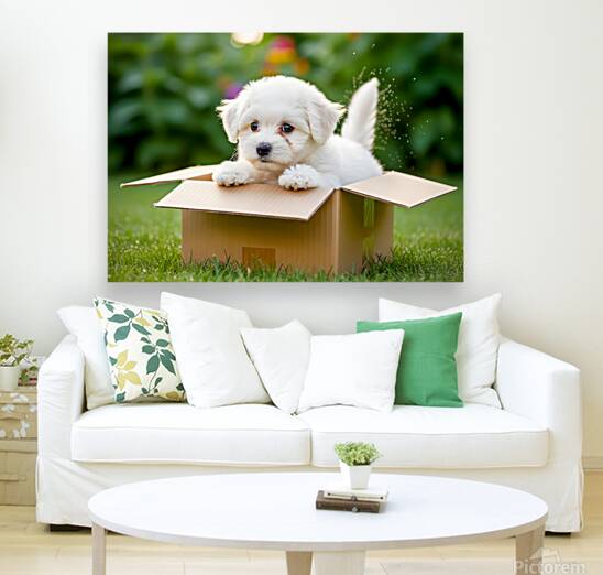 Happy Bichon Frise Puppy With Discovered Toy Treasures Reproduction