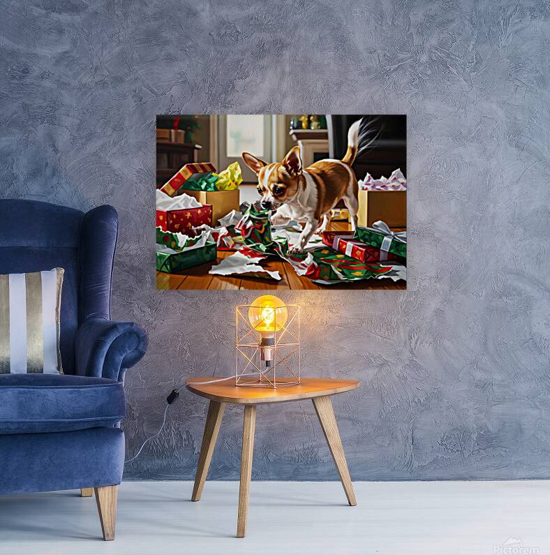 Chihuahua Puppy Discovers Christmas Morning Surprises Reproduction