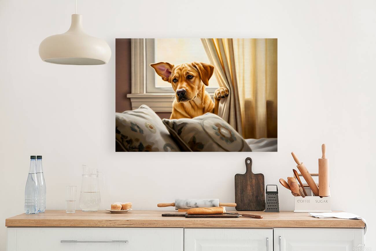 Curious Labrador Puppy Peeking Behind White Curtains Reproduction