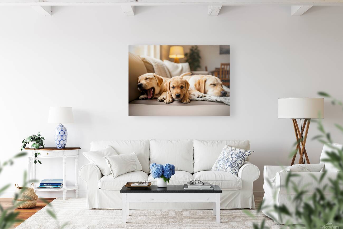 Golden Puppy Finds Spot On Crowded Couch Reproduction