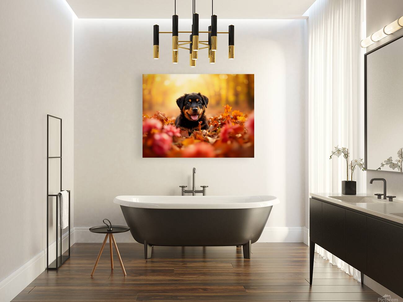 Tired Rottweiler Puppy Rests On Autumn Leaf Bed Reproduction