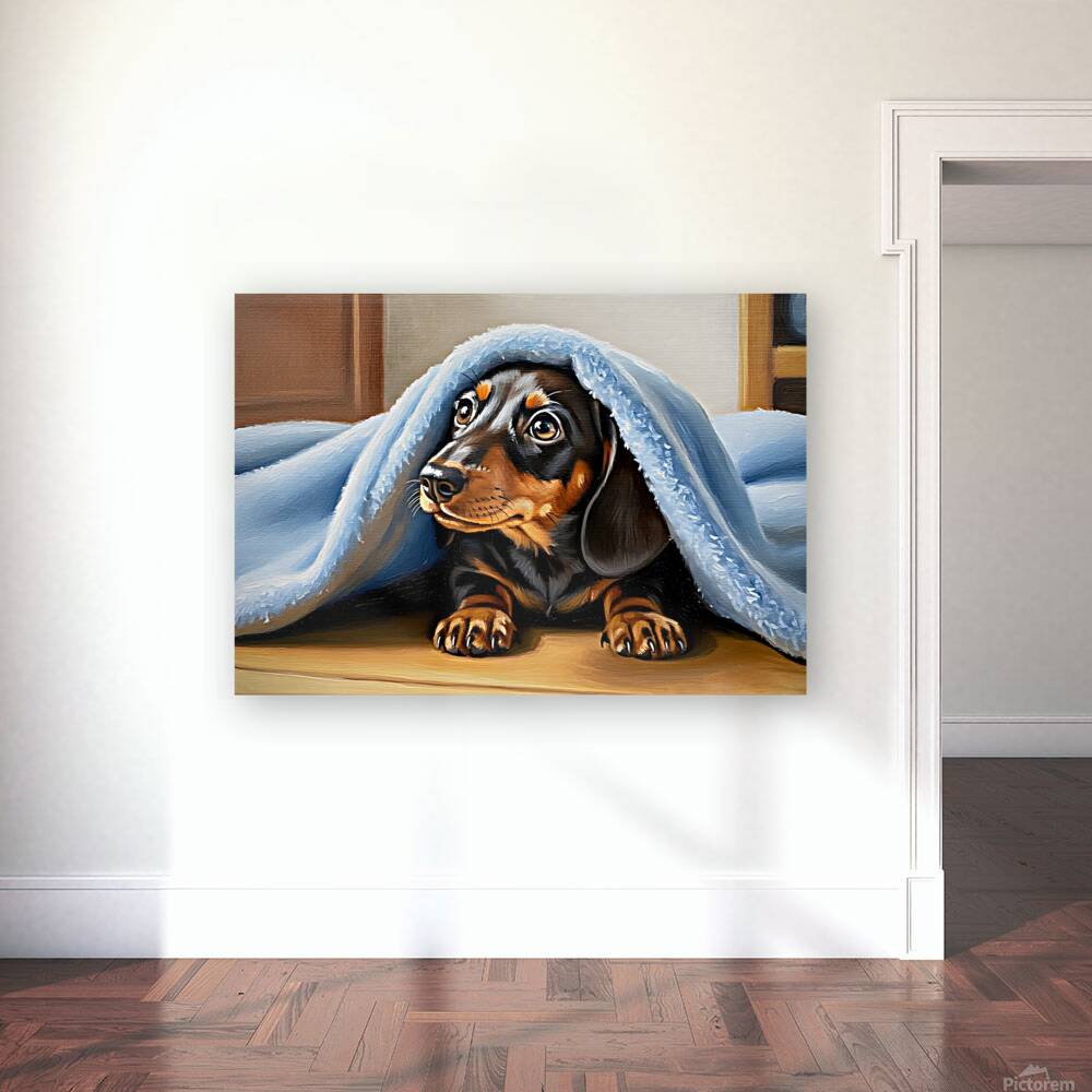 Dachshund Puppy Finds Perfect Hiding Spot Under Blanket Reproduction